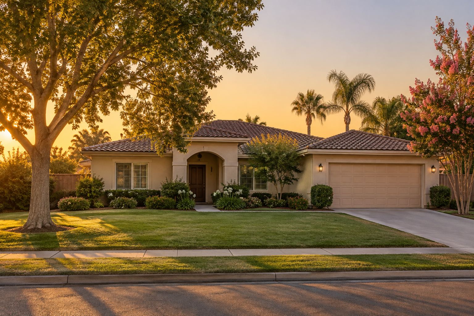 A single story Central Valley home at golden hour, illustrative