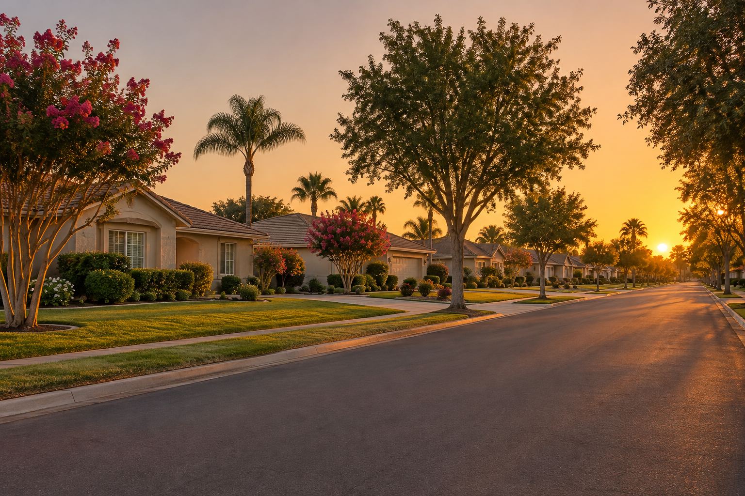 A Central Valley residential street at sunset, illustrative