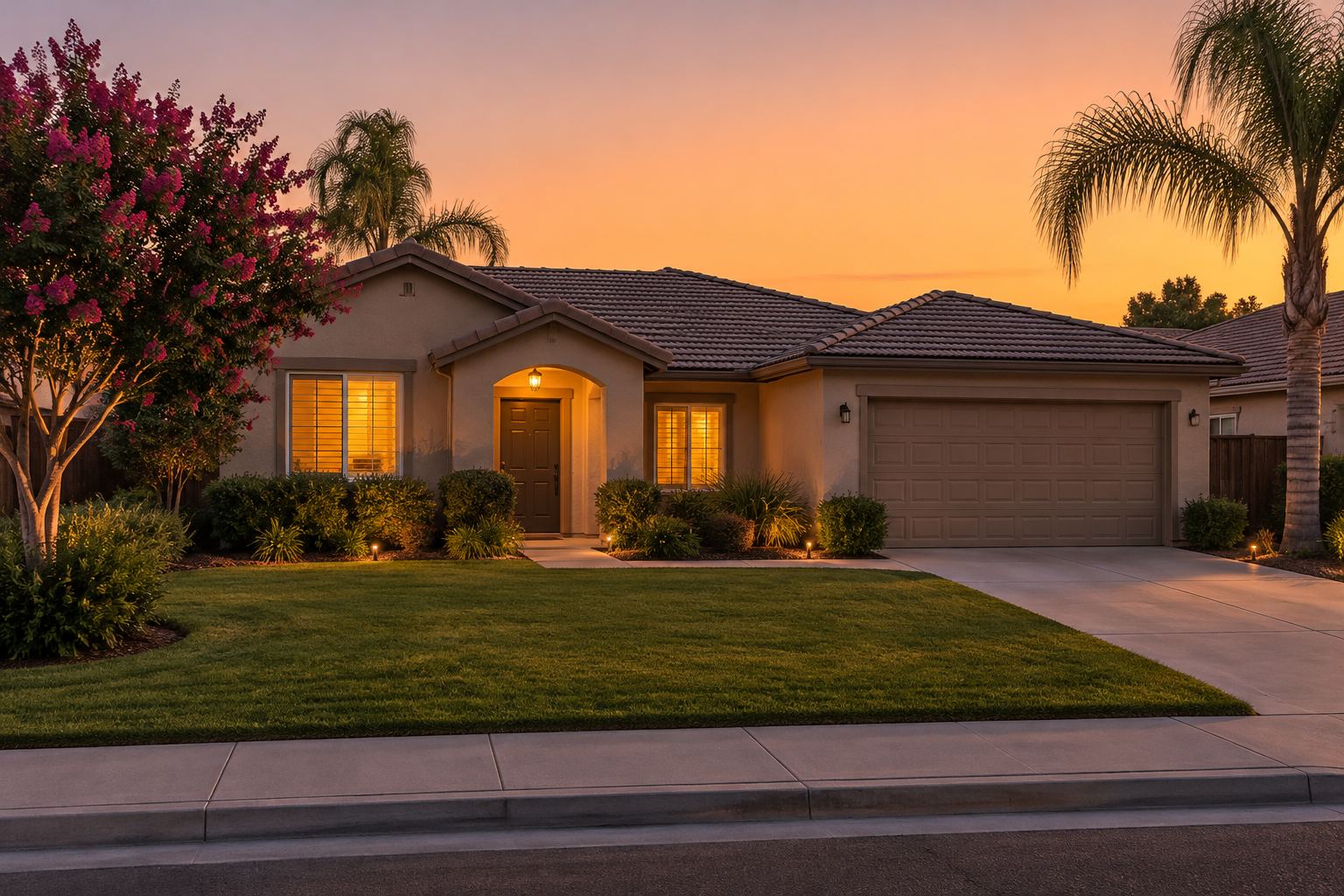 A Central Valley home at dusk, illustrative