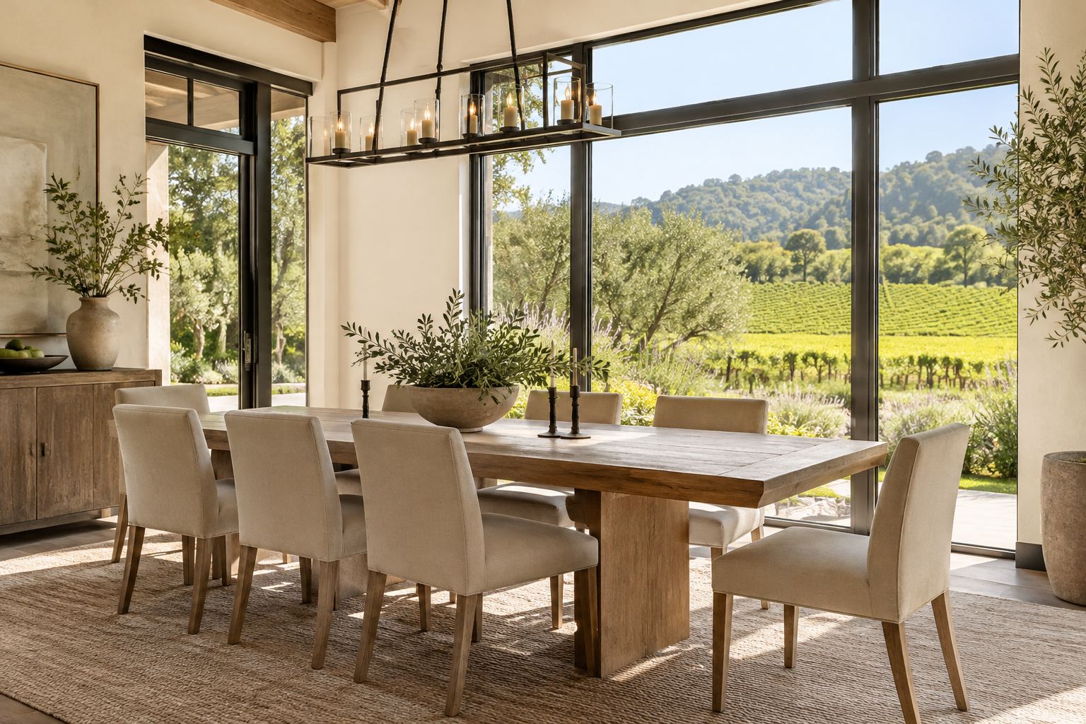 A bright dining room, illustrative